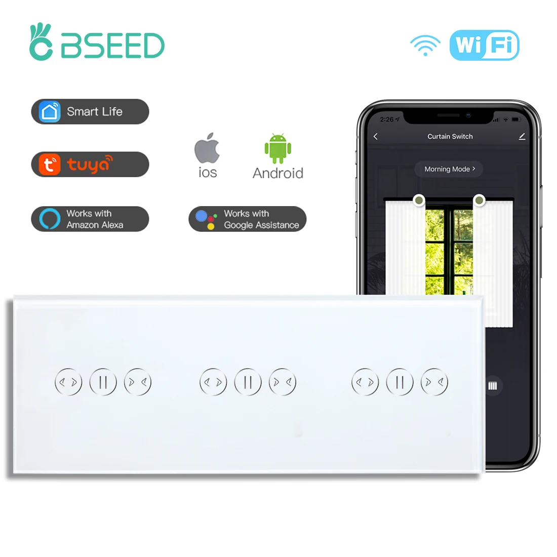 BSEED Triple Smart Curtain Switches Home Curtain Wall Sensor Touch Switches Google Alexa Voice Tuya App Control