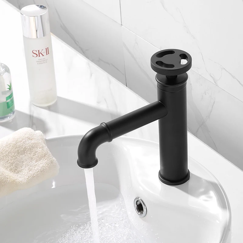 

Basin Faucets Retro Industrial Style Matte Black Brass Crane Bathroom Faucets Hot and Cold Water Mixer Tap torneira WF-20A01