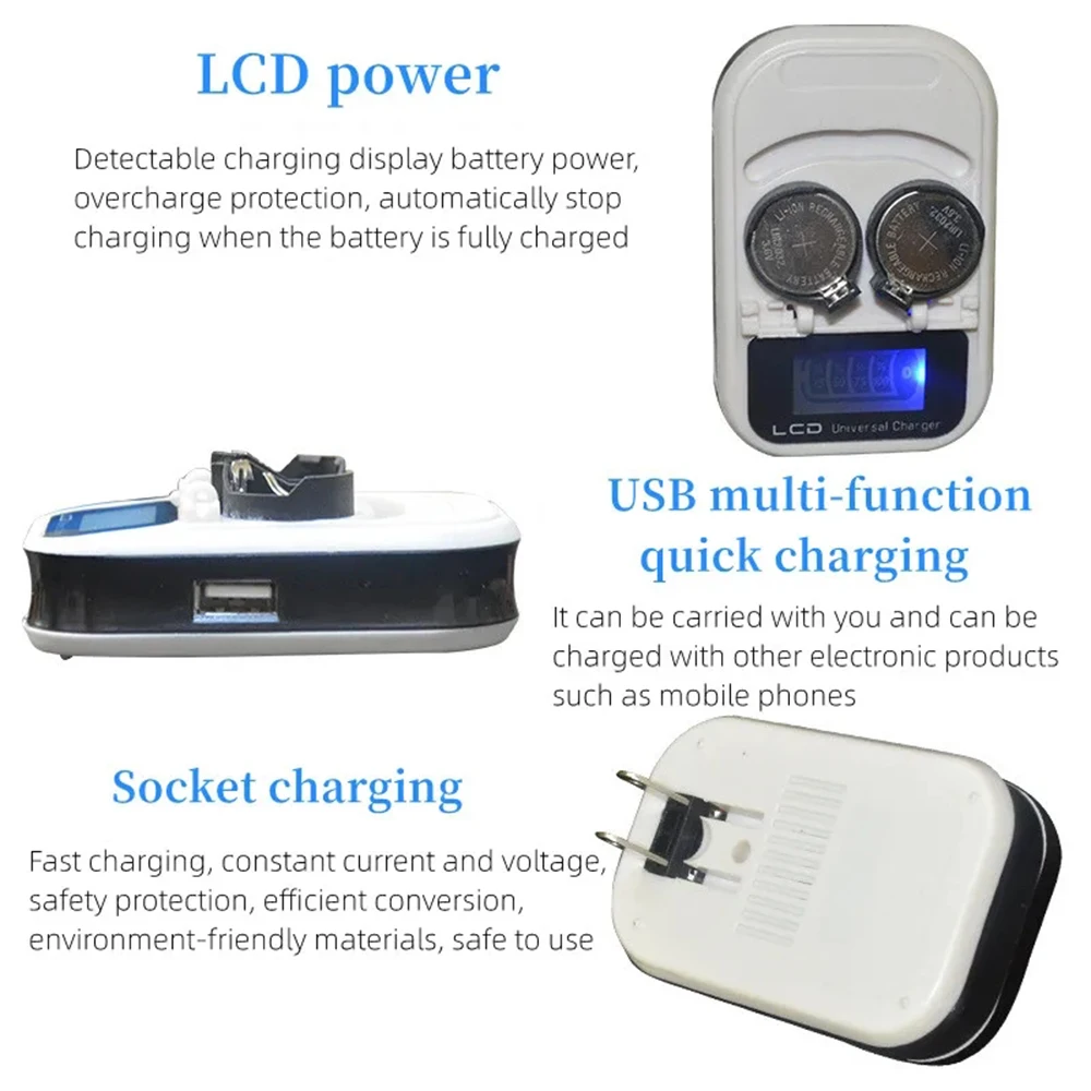 Carregador de bateria LCD botão, Coin Cell Battery Charging, Carregador multifuncional USB para LIR2016, 2025, 2032, ML2016, 2025, ML2032