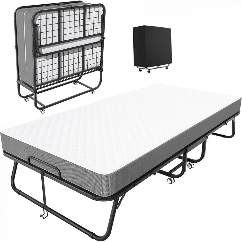 Queen Size Folding Bed with Mattress, Rollaway Beds for Adults, Portable Cot with Storage, Ideal for Guest Rooms and Small Apart
