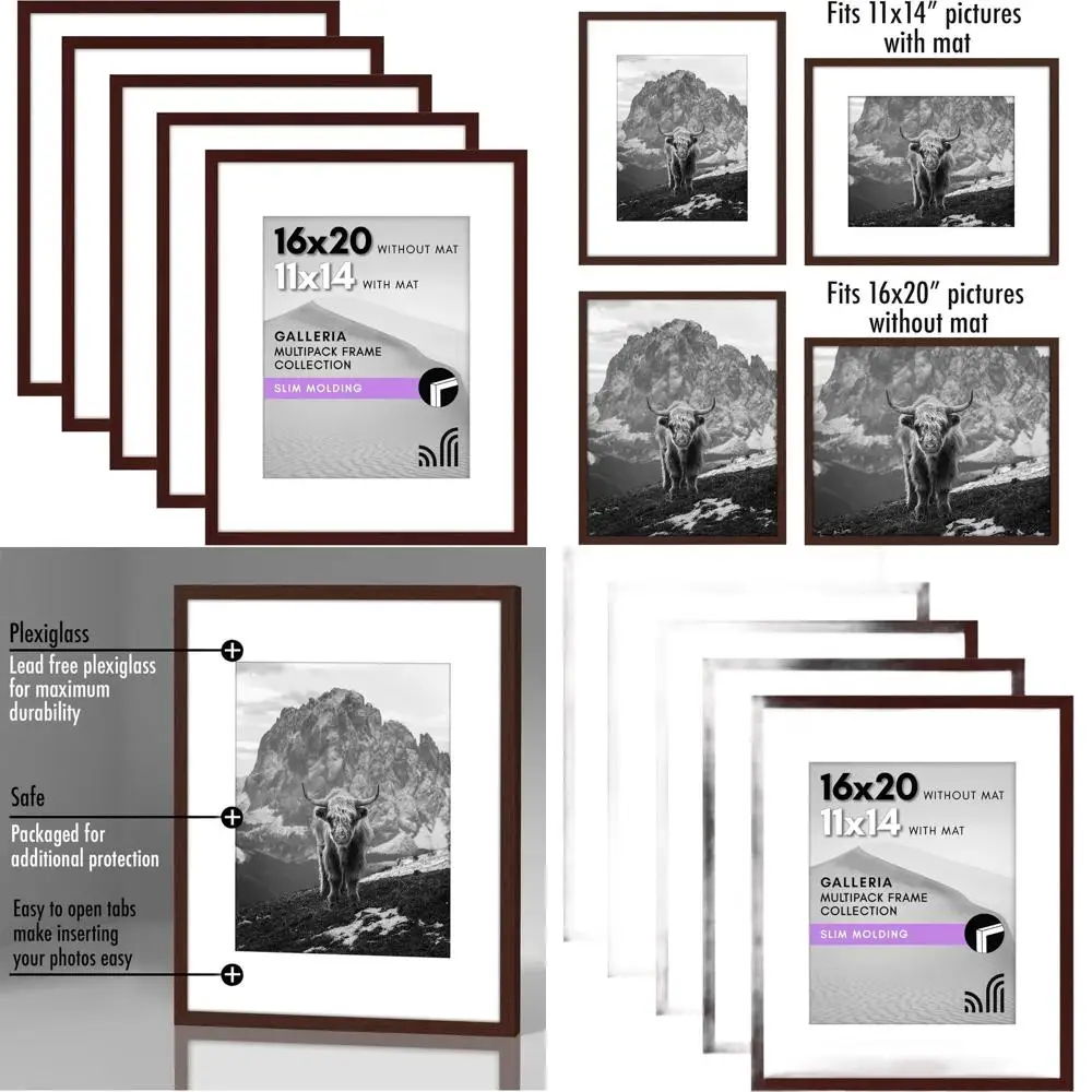 

Set of 5 Mahogany Picture Frames, 16x20 with Polished Acrylic, Suitable for 11x14 Mats or 16x20 Photos