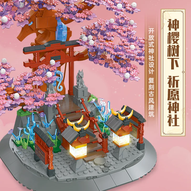 1370pcs MOC Idea Shrine Sakura Tree Building Blocks Bricks Assembling Construction Toys for Boys Birthday Gift Set