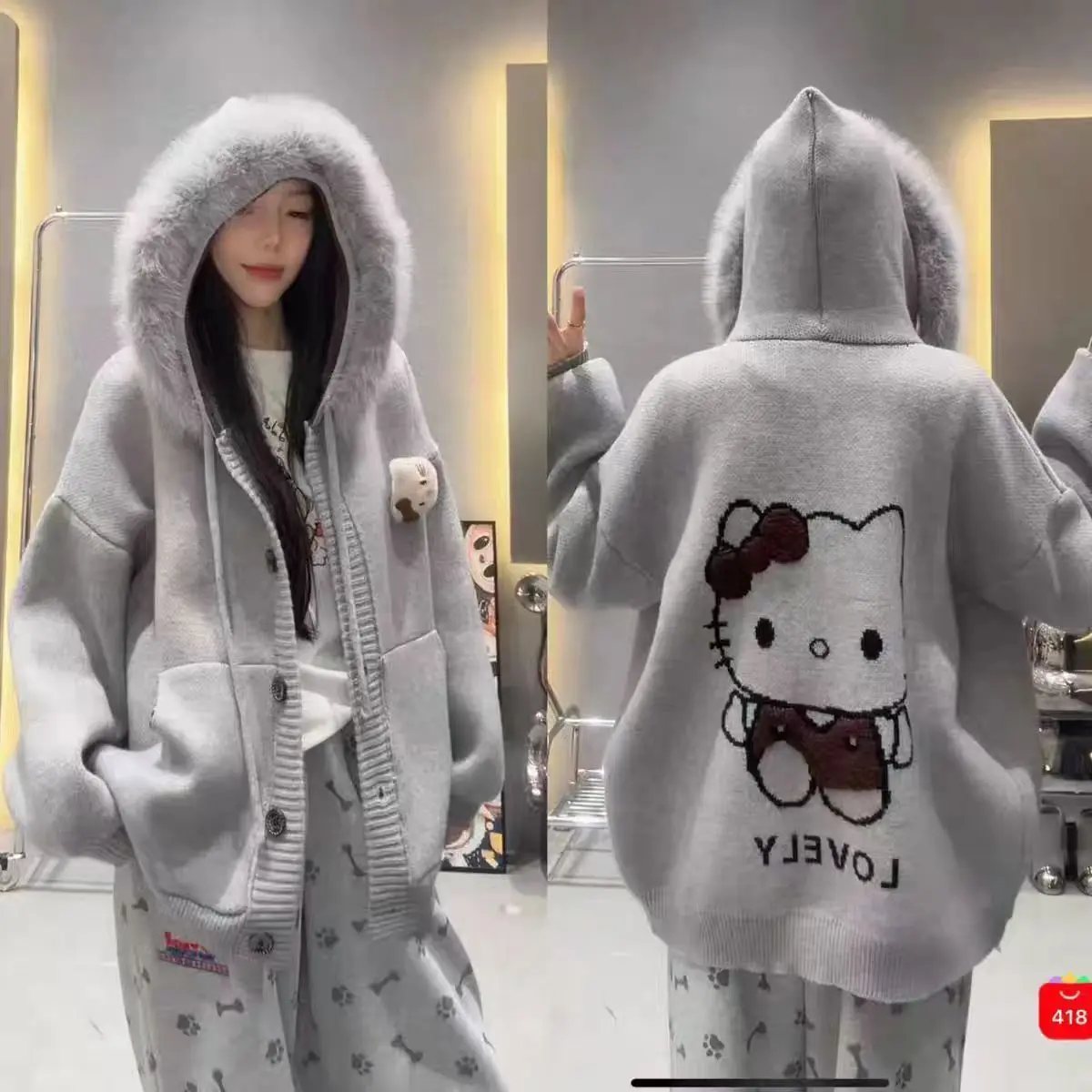 

Sanrio Hello Kitty Women's Knitted Sweater with Bow Coat Cartoon Upper Garment for Autumn Winter Ideal Gift for Kawalii Girls