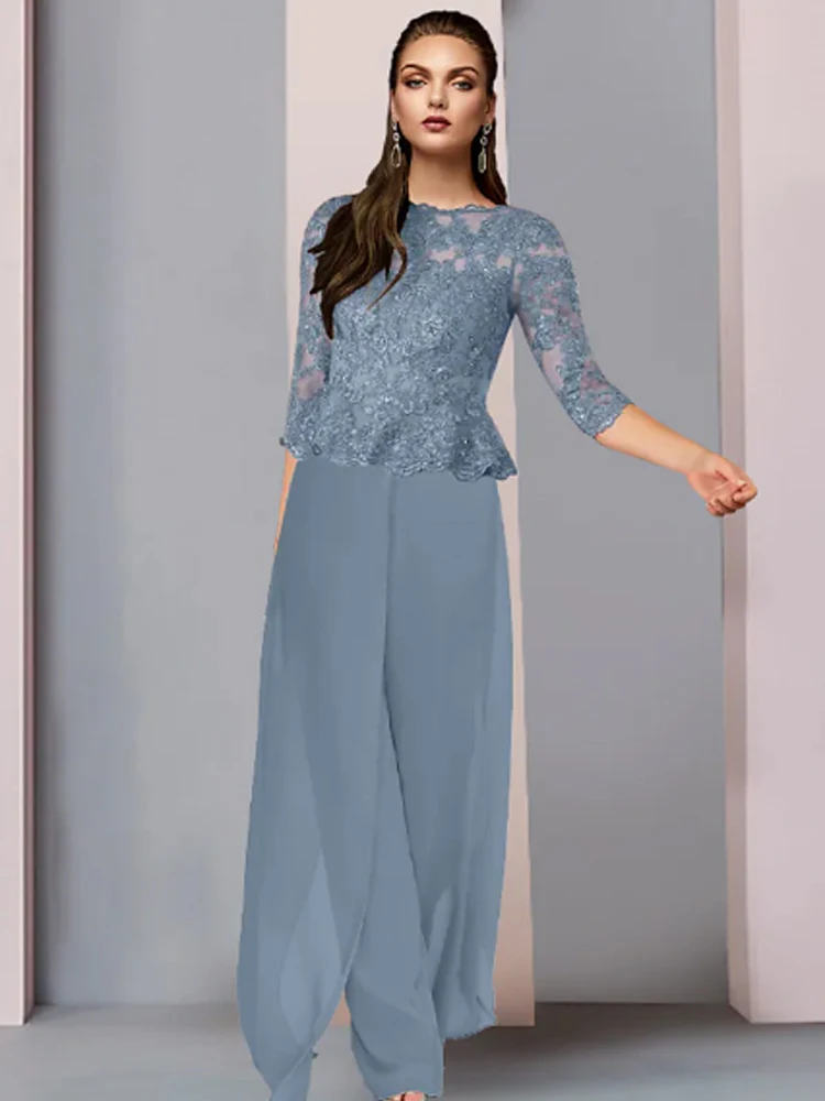 Casual Moeder Van De Bruid Jurk Elegant Floor-Length Applicaties Lace Chiffon Half Mouwen Brede Taille Bloemen gratis Verzending