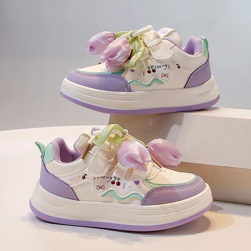 

Cute Girls Sneaker Children Shoes Flower Decorated Autumn Leather Casual Sneaker 4 To 12 Years PU Kids Tennis Sports Shoes Girls