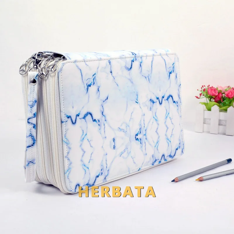 Creative Marble Pattern 216 Slot Portable Pencil Case Holder 4 Layers Zipper Large Capacity Leather Stationery Art Supplies