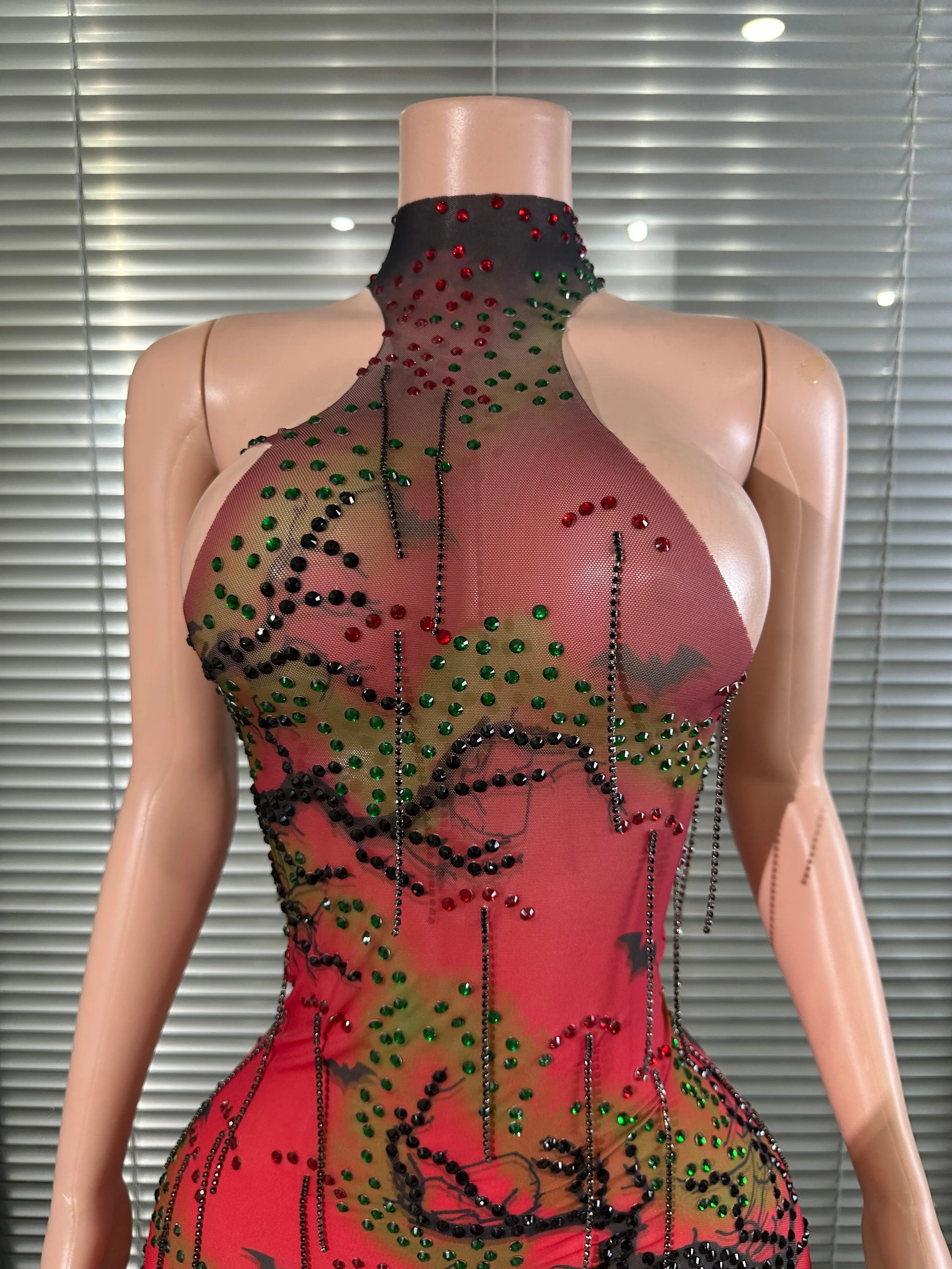 Luxurious Red Gradient Sequined High-Neck Sheer Dress, Asymmetrical Skirt Party Dress, Suitable for Bar, Dancers' Performances