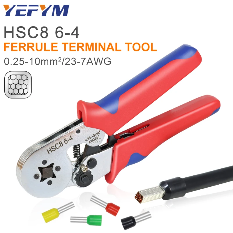 Ferrule Pin Terminal Connectors Square Crimping Pliers HSC8 6-4 0.25-10mm²/23-7AWG Mini Adjustable Ratchet Electricians Tools