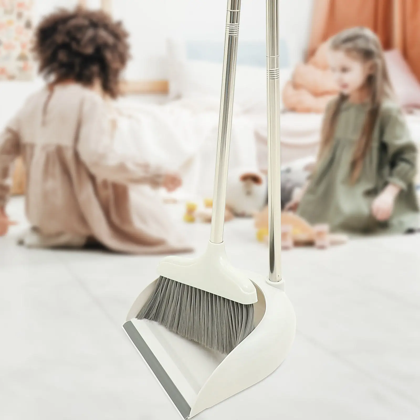 Juego de Escoba y Recogedor Ergonómicos de Mango Largo, Resistentes, para Hogar, Cocina, Oficina, Interiores y Exteriores, Pisos Duros, Madera, Azulejos, Cemento