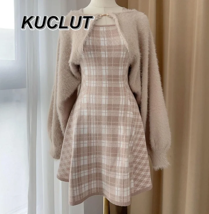 

Japanese Sweet Pink Plush Shawl + Plaid Long Sleeve Dress Autumn Winter Design Sense Elegant Two-Piece Sets for Women