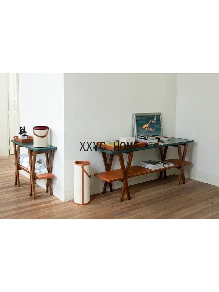 Golden Brown/Dark Green Color Matching Double-Layer Ash Wood Side Table Table-Console Console Tables
