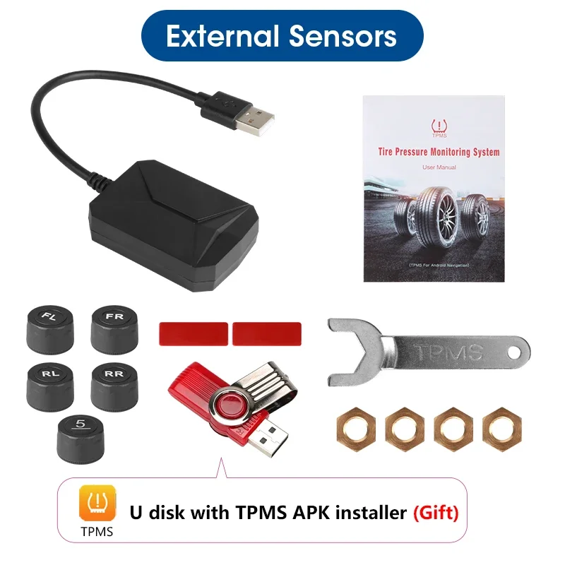 JMCQ USB Android TPMS Tire Pressure Monitoring System Display Alarm System Internal External 5 Sensors For Car Navigation Radio