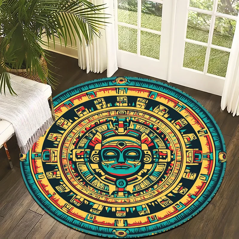 Retro Mayan style Flannel-printed round floor mats are slip-resistant Suitable for living room bedroom terrace garden carpets