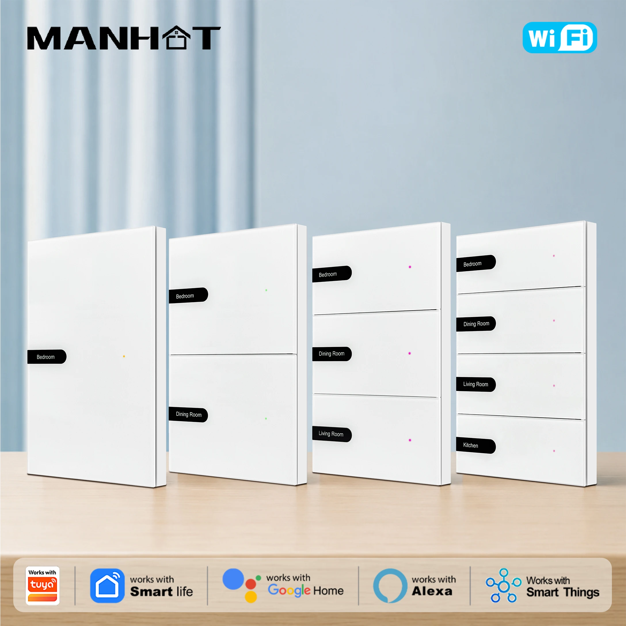 MANHOT Wifi Smart DIY Name Switch Push Button Display Screen Glass Panel 1 2 3 4 Gang Switch Work with Tuya Alexa Google Home