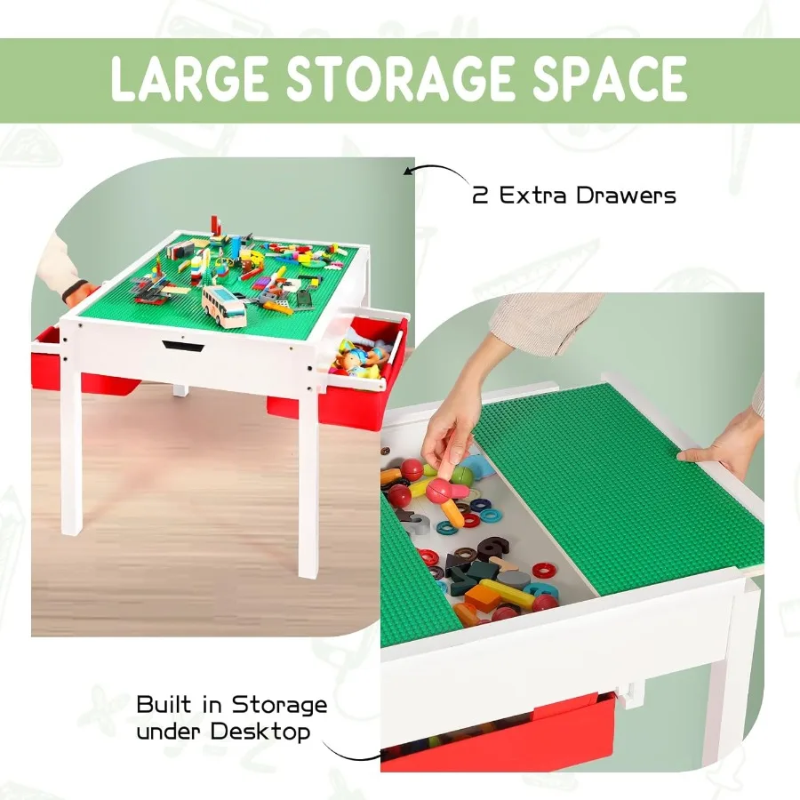 طاولة أنشطة 2 في 1 مع أدراج تخزين، طاولة لعب خشبية تتميز بكتل قابلة للفصل وسطح طاولة السبورة I
