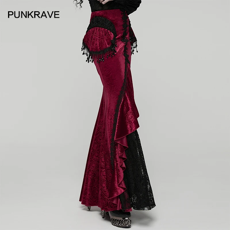 PUNK RAVE Women's Gothic Rose Velvet Lace Gorgeous Graceful Fishtail Skirt 3D Shirred Tassel Bead Chains Party Club Long Skirts