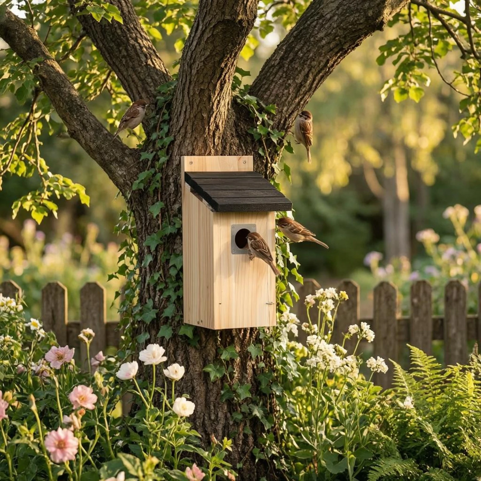 Wooden Birdhouse Natural Wood Grain Tree Mount Birdhouse Wooden Bird Box Small Entrance Garden Decor Vintage Look for Outdoor
