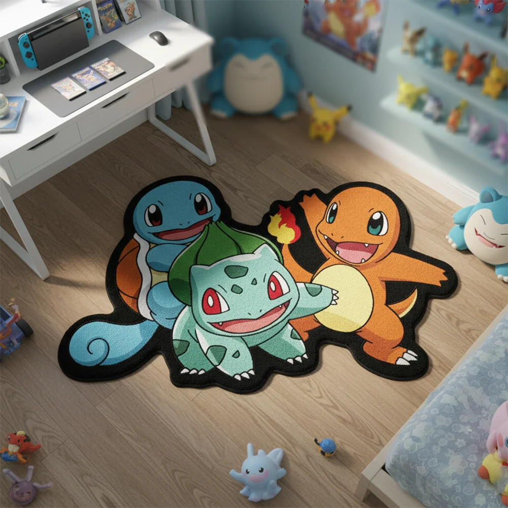 Tapis de sol antidérapant doux imprimé Bulbasaur, Charmander, Squirtle, motif dessin animé Pokemon Starter Trio, pour décoration de salle de jeux