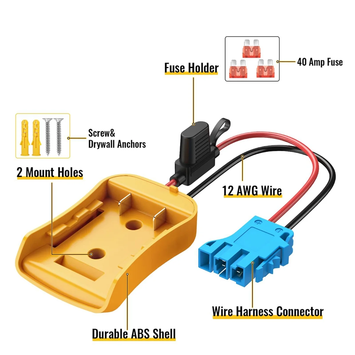 Adapter Power Wheels do akumulatora Dewalt 20 V ze złączem wiązki przewodów do Peg-Perego, przewód 12AWG z bezpiecznikiem 40 A