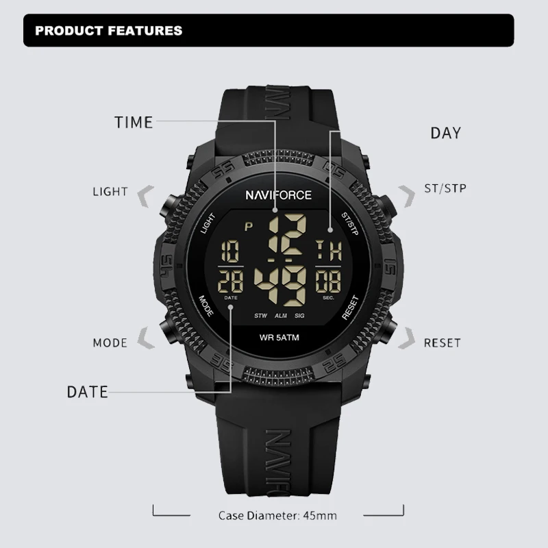 NAVIFORCE High Quality Digital Sport Watches For Men Fashion Casual Alarm Clock Waterproof Silicone Strap Electronic Wristwatch