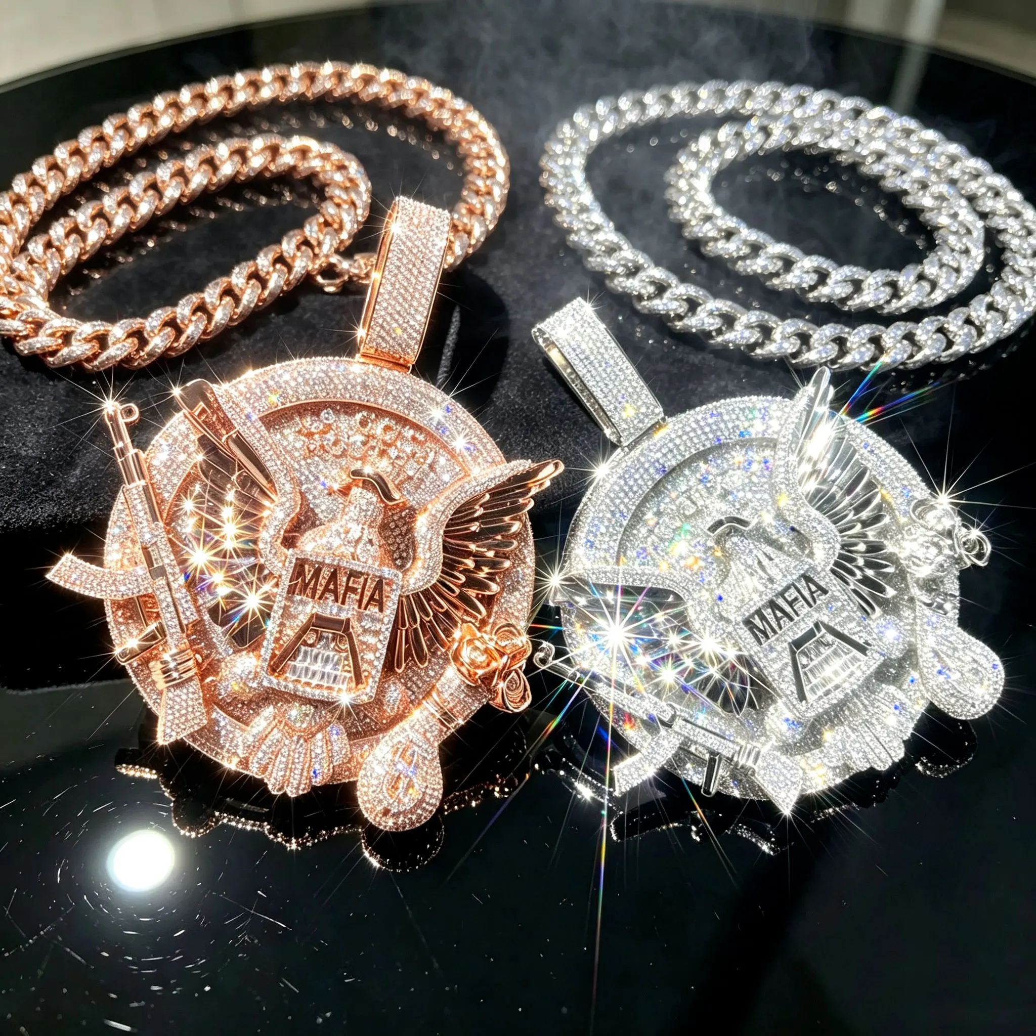 Iced Out MAFIA Eagle Wing Round Pendant Rose Gold Silver Two Tone Full Micro Pave CZ Zircon 3D Gun Pattern Charm Hip Hop Bling Statement Necklace Men Rapper Street Jewelry Gift