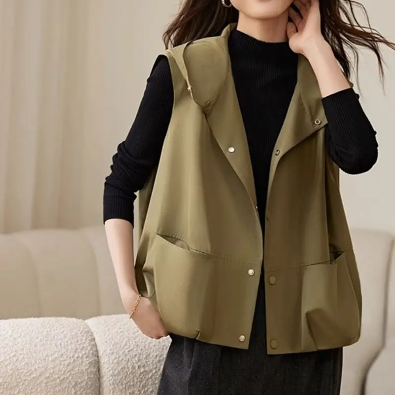 Hooded Vest Women's Loose New Spring Autumn Fashion Pocket Patchwork Solid Sleeveless Thin Jacket Top Casual Vintage Clothing