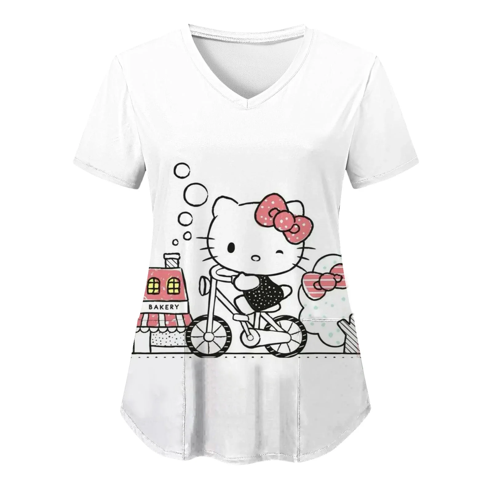 

New Nurse Work Clothes 2024 Spring And Summer Hello Kitty Print Pullover Nurse Uniform T Shirt European And American Popular