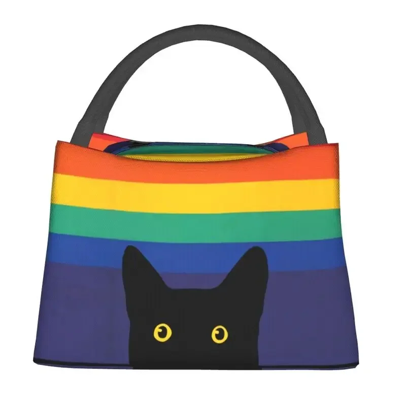 Peeking Cat In Rainbow Circle Insulated Lunch Bag for Waterproof LGBT Gay Pride Cooler Thermal Bento Box Beach Camping Travel