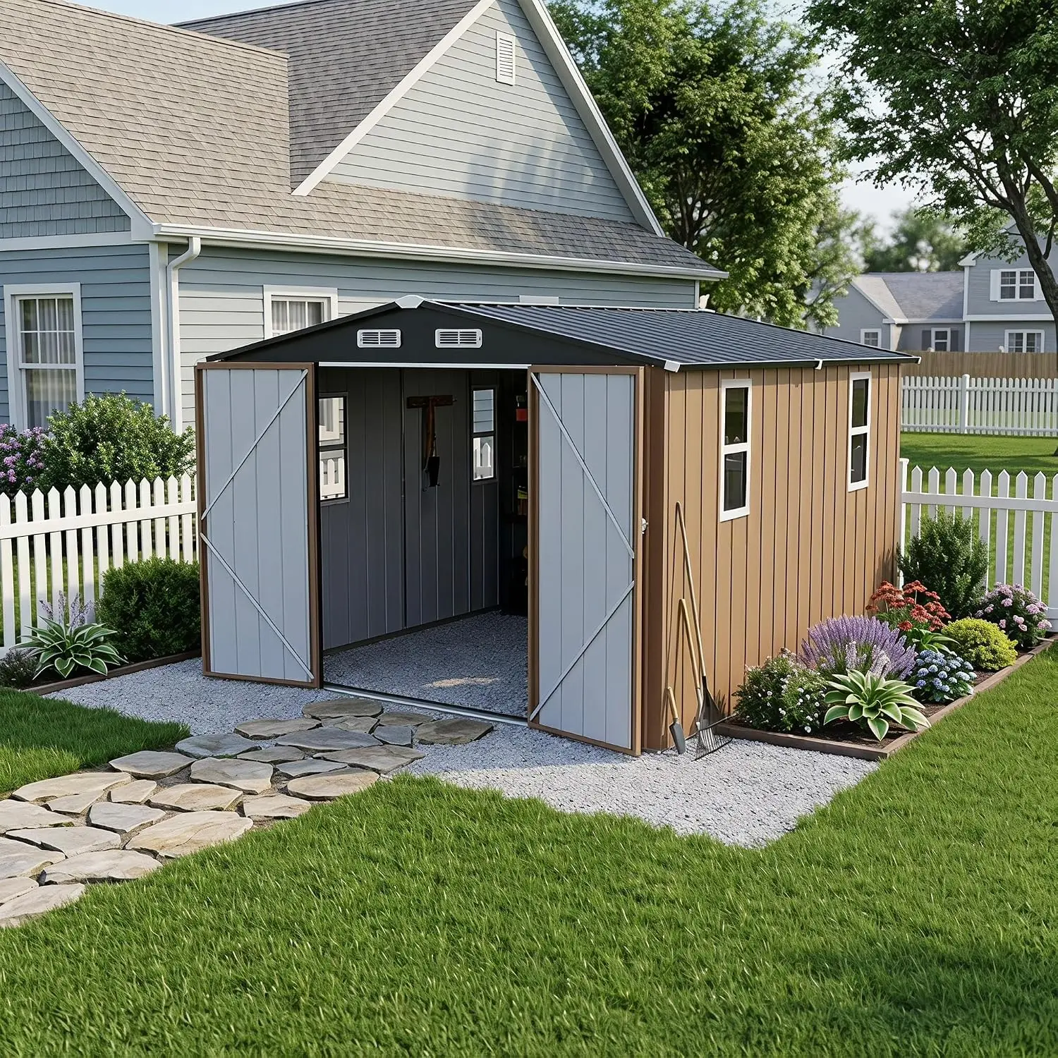 10 x 10 FT Outdoor Storage Shed with Windows, Heavy Duty Galvanized Steel Storage Shed with Double Lockable Doors,, Customized
