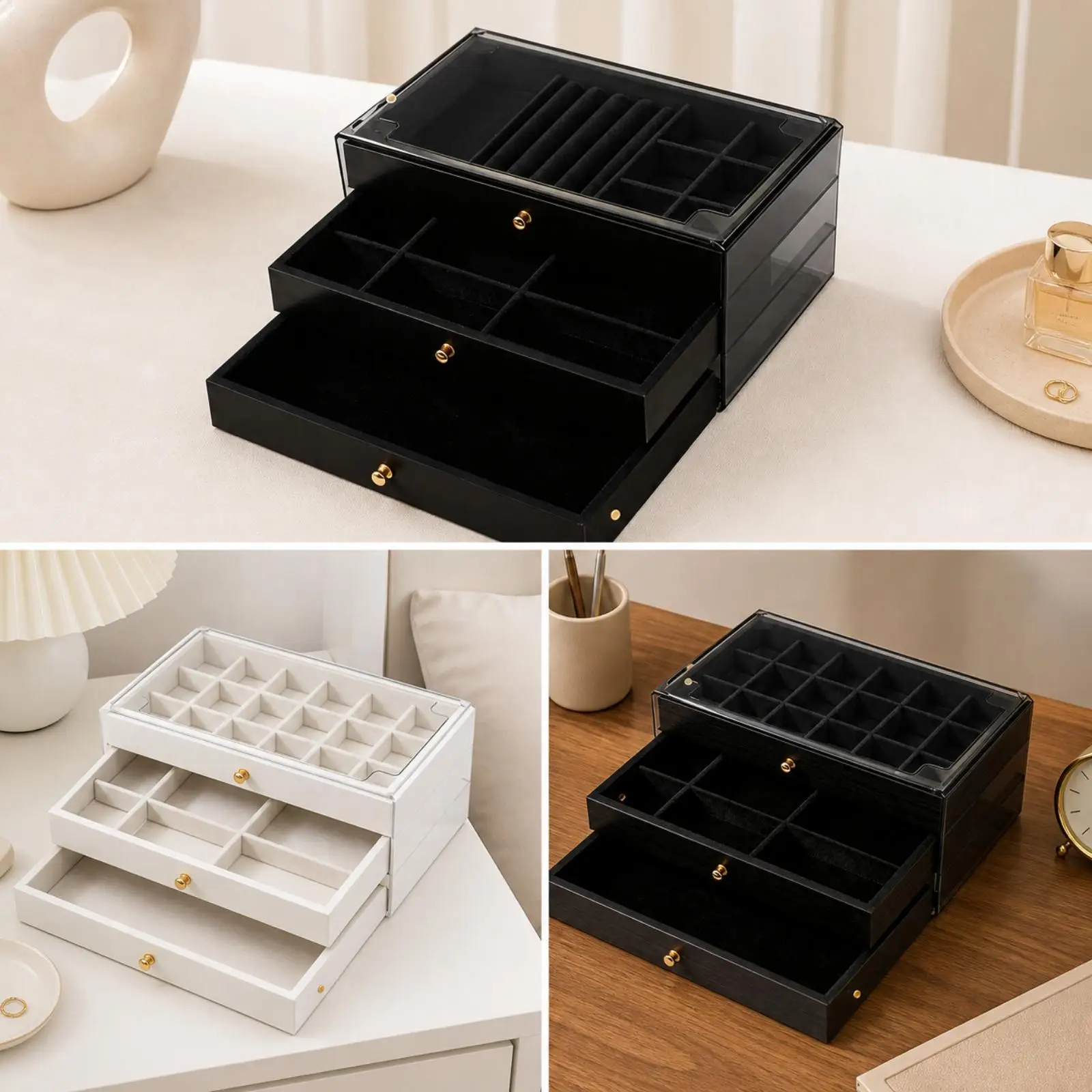 Hard Tabletop Jewelry Box with Wood Pattern and Soft Interior for Rings and Gifts