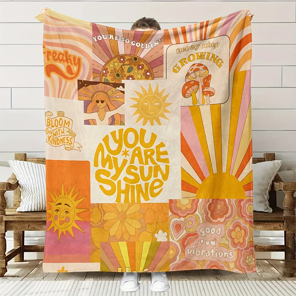 1pc Retro 60s/70s Hippie Sun & Psychedelic Blanket - Soft Quilted-Like Texture, 1960s Slogans (You're So Groovy), All-Season