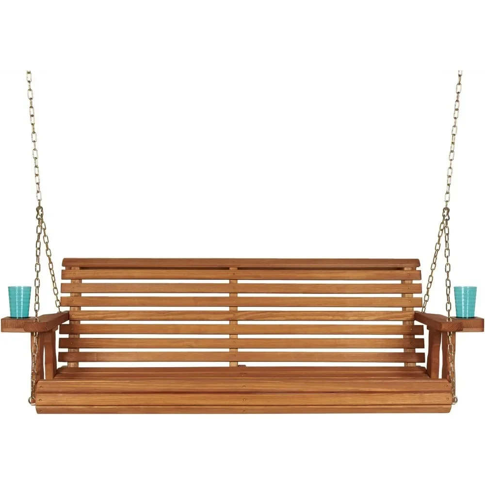 5-foot roll back porch swing with cedar stained cup holder - made of treated pine wood, with a heavy-duty capacity of 700 pounds