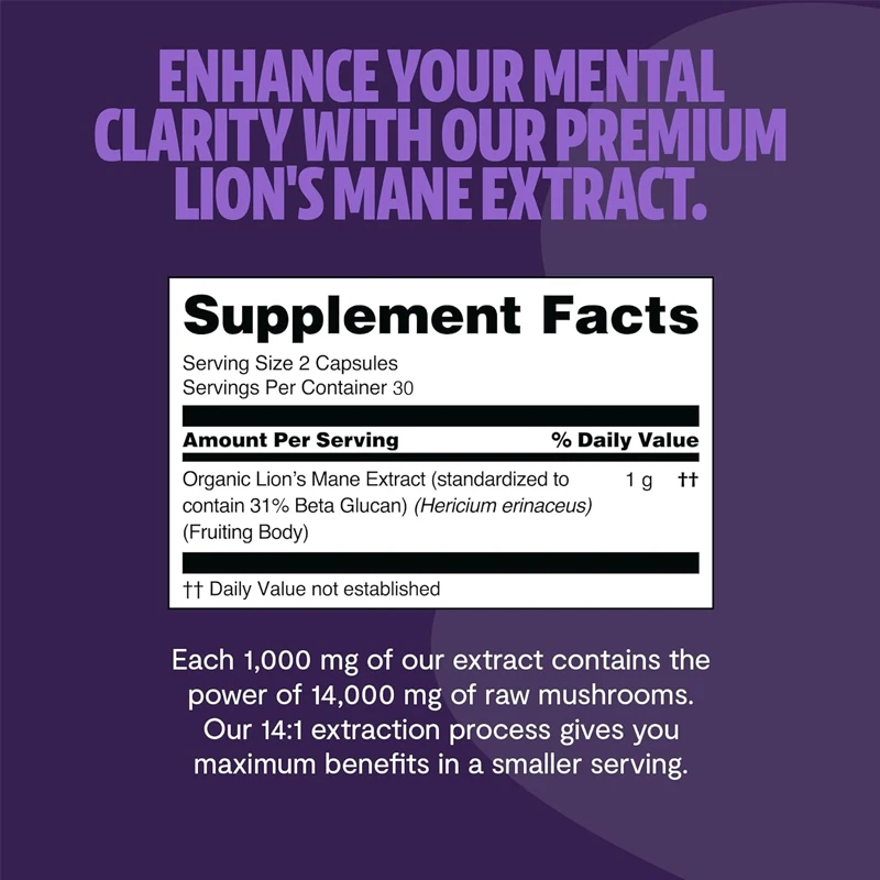 Lion Mane Supplement Capsules 14000 mg - Lion Mane, Highly Effective Extract, 14:1 Organic Mushroom Supplement view 5