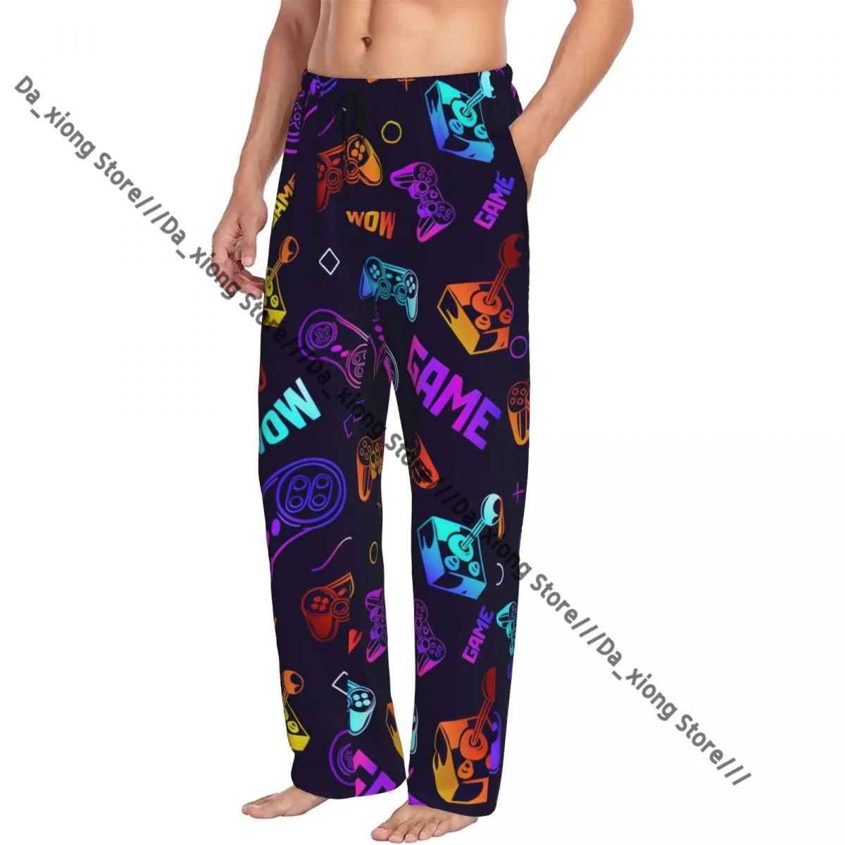 

Mens Casual Pajama Long Pant Loose Elastic Waistband Neon Video Game Pattern Cozy Sleepwear Home Lounge Pants