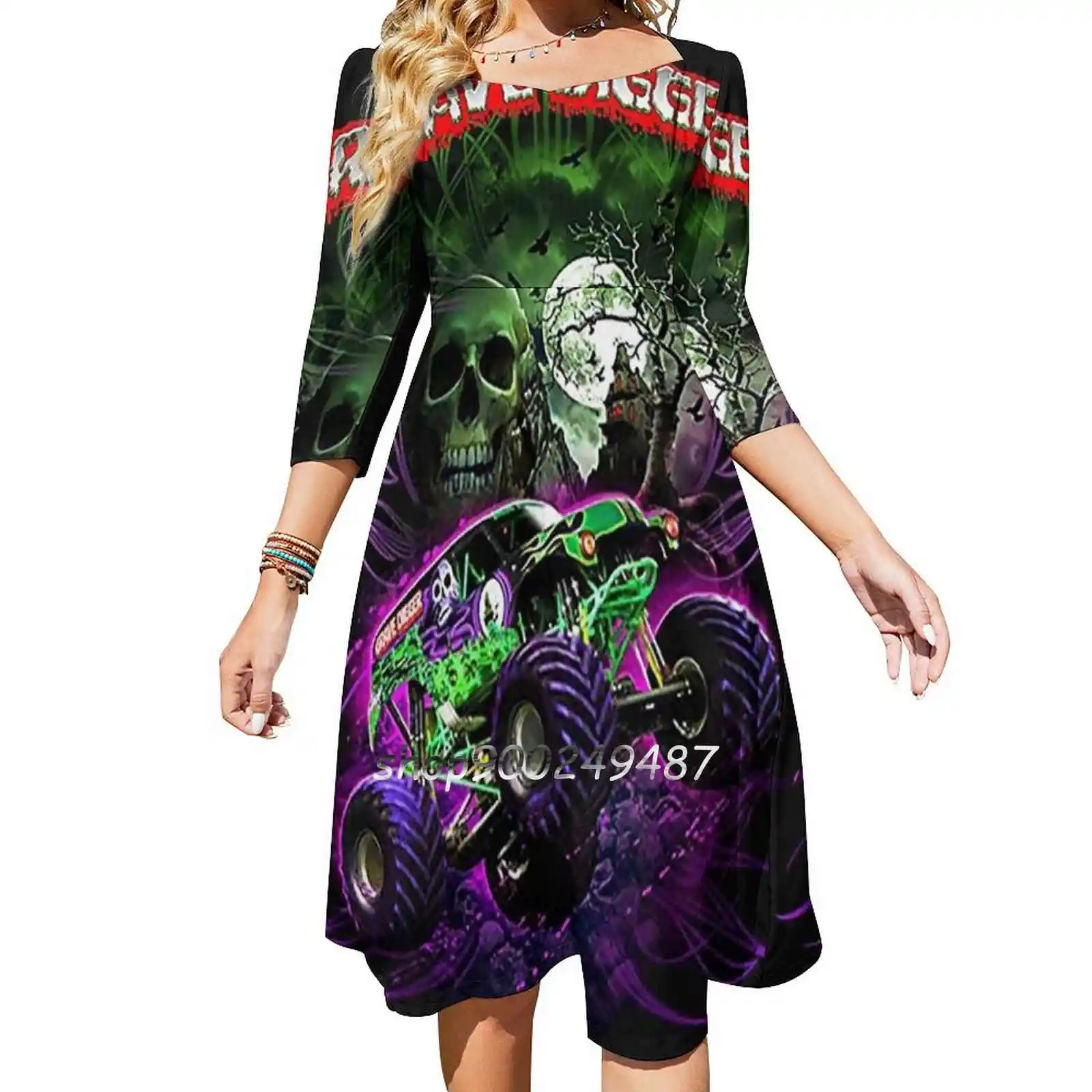 Grave Digger Monster Jam Monster Truck Sweet Elegant Dress Women Korean Kawaii Square Collar Dress Grave Digger Monster Jam