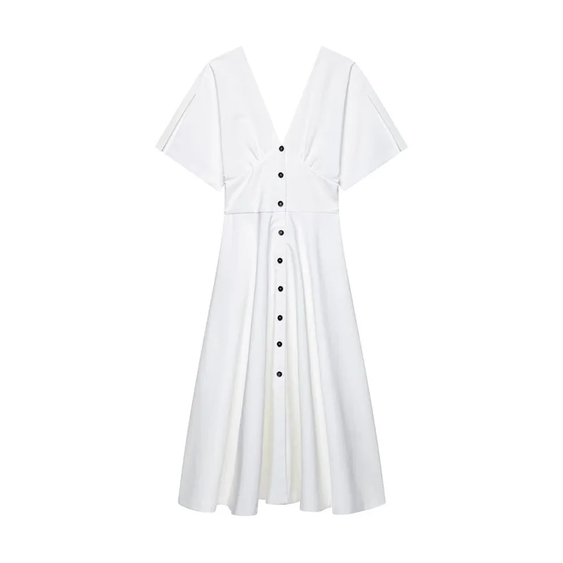 Summer New ort Sve Midi Dr Button Decorated Fork Sve V-Ne Cleanfit High Waist Polyester Fiber Ciwalk Dr