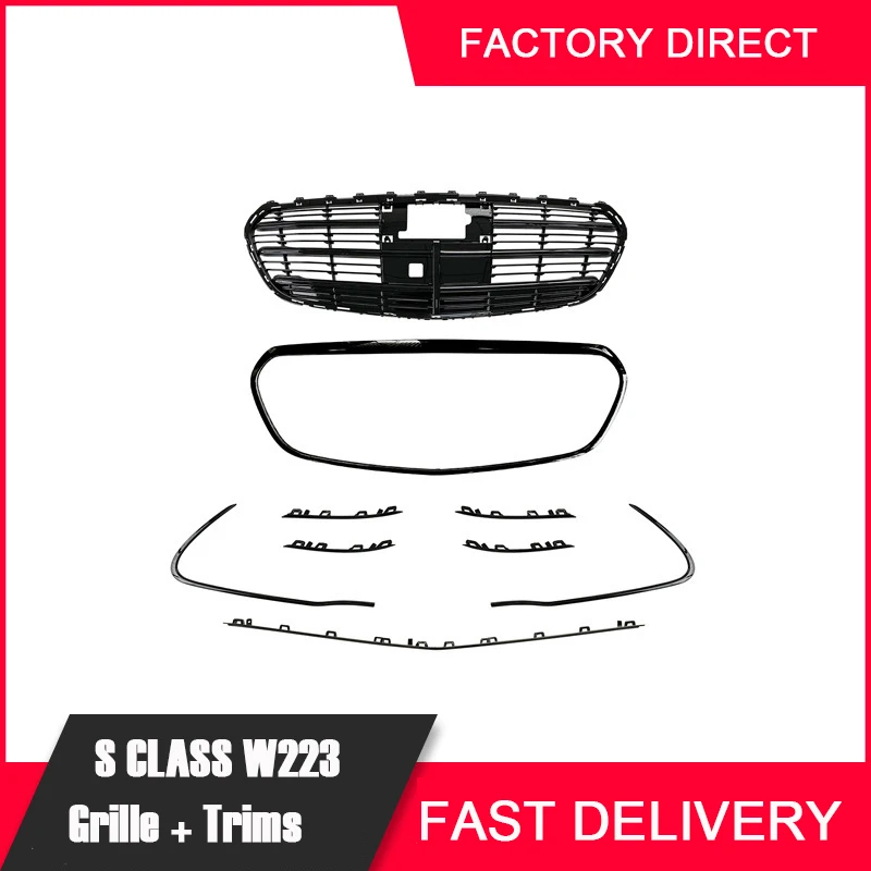 Black Front Grille Radiator Bumper Chrome Trim For Mercedes Benz S Class W223 S450L S500L S580L S350d 4MATIC For AMG Line