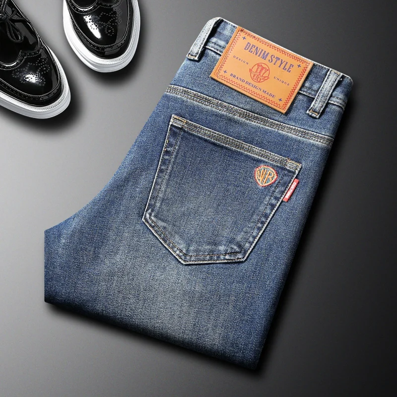 

Высококачественные синие джинсы, мужские осенне-зимние эластичные облегающие маленькие прямые брюки, модные брюки