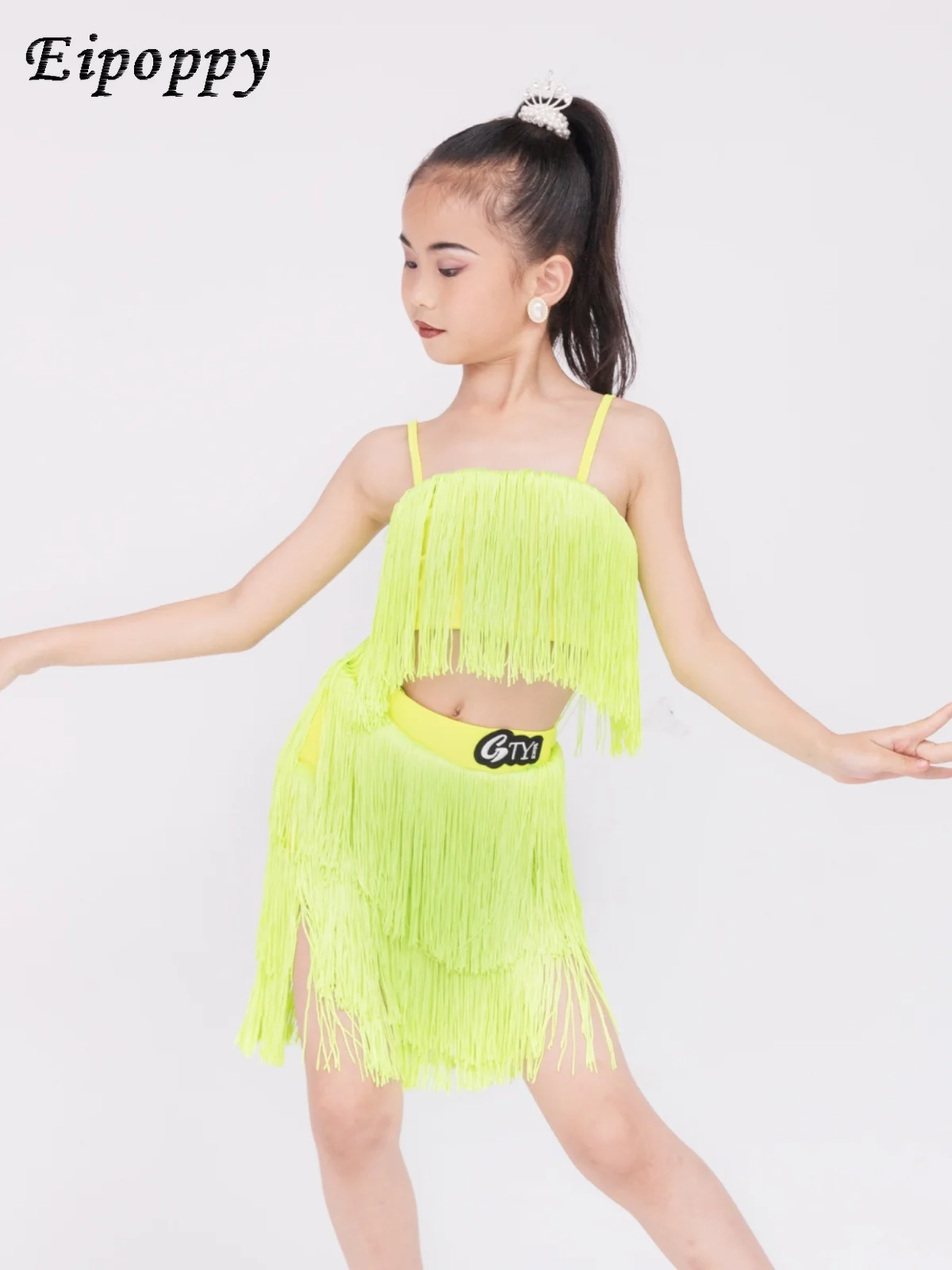 女の子のためのタッセル付きラチンダンスウェア、子供用ストラップ、ダンスコスチューム、運動服