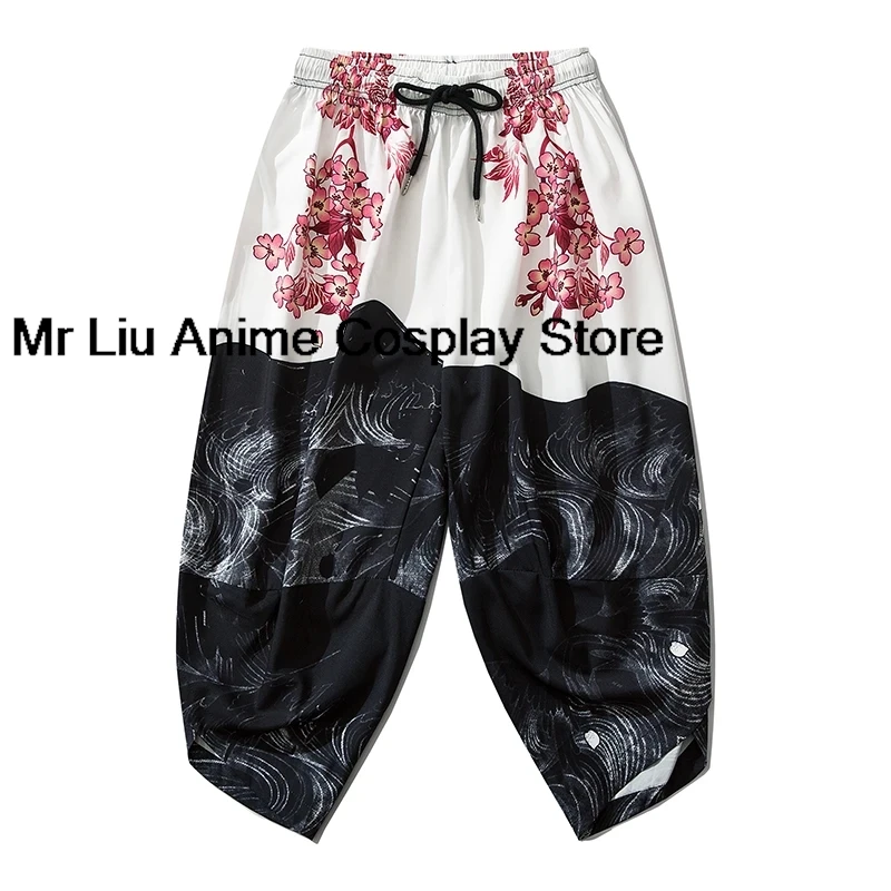 

3D Japanese Style Harajuku Men Trousers Sakura Samurai Costume Loose Fashion Women Traditional Cherry Blossom Pants Haori