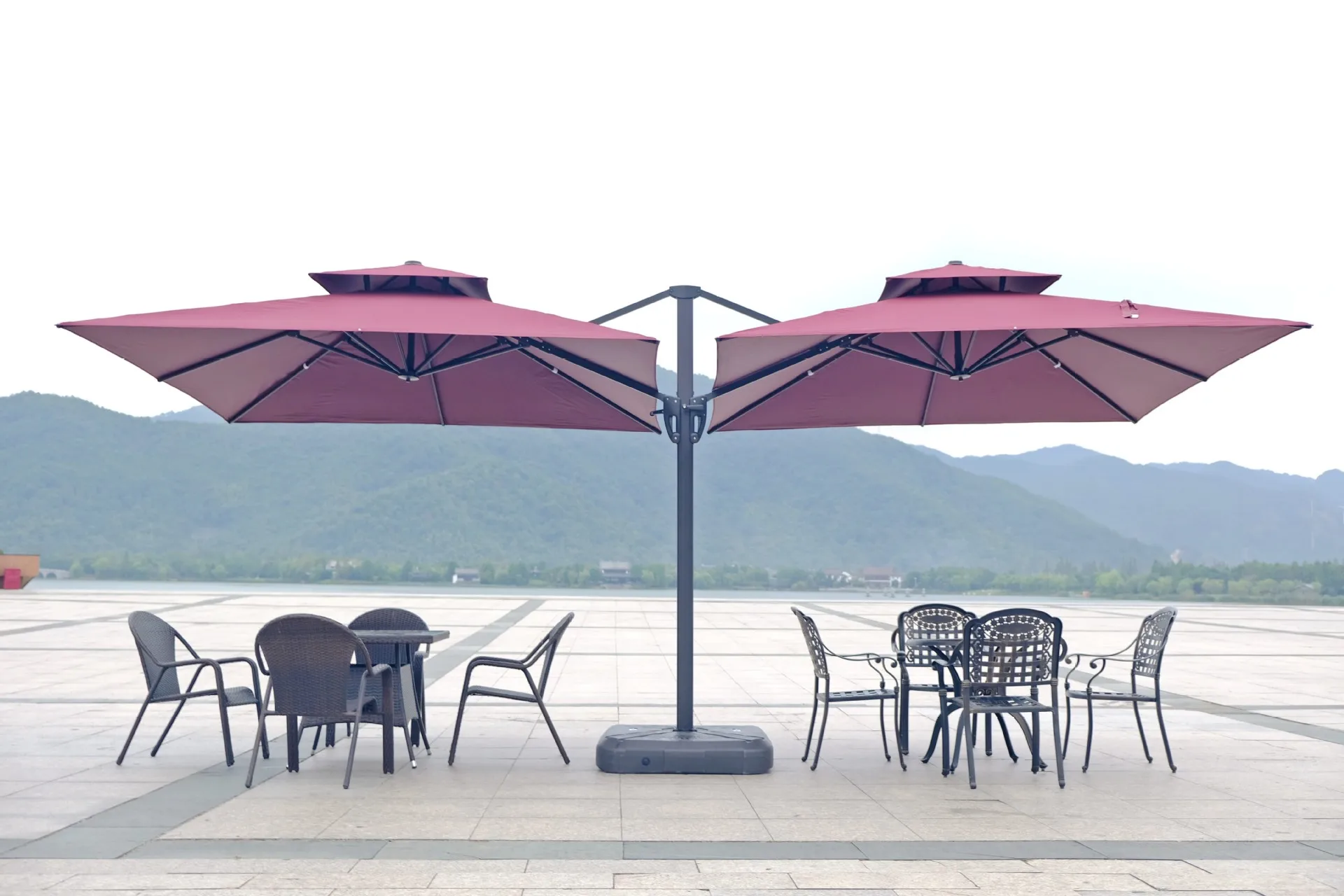 Twin Patio Umbrella Garden Double-sided Umbrella Market Parasol Solar LED Outdoor with Crank for Restaurant Acrylic Modern 3*3m