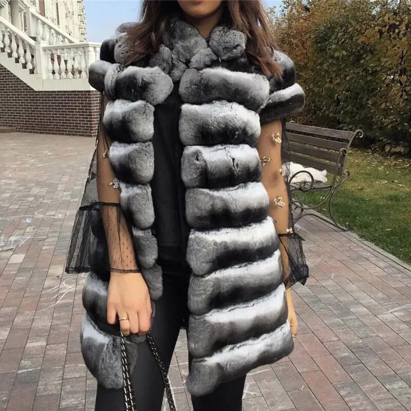 Women's Real Rex Rabbit Fur Waistcoat Coat Winter Fashion Chinchilla Gilet Warm Vest Jacket Female Natural Fur Thick Overcoat