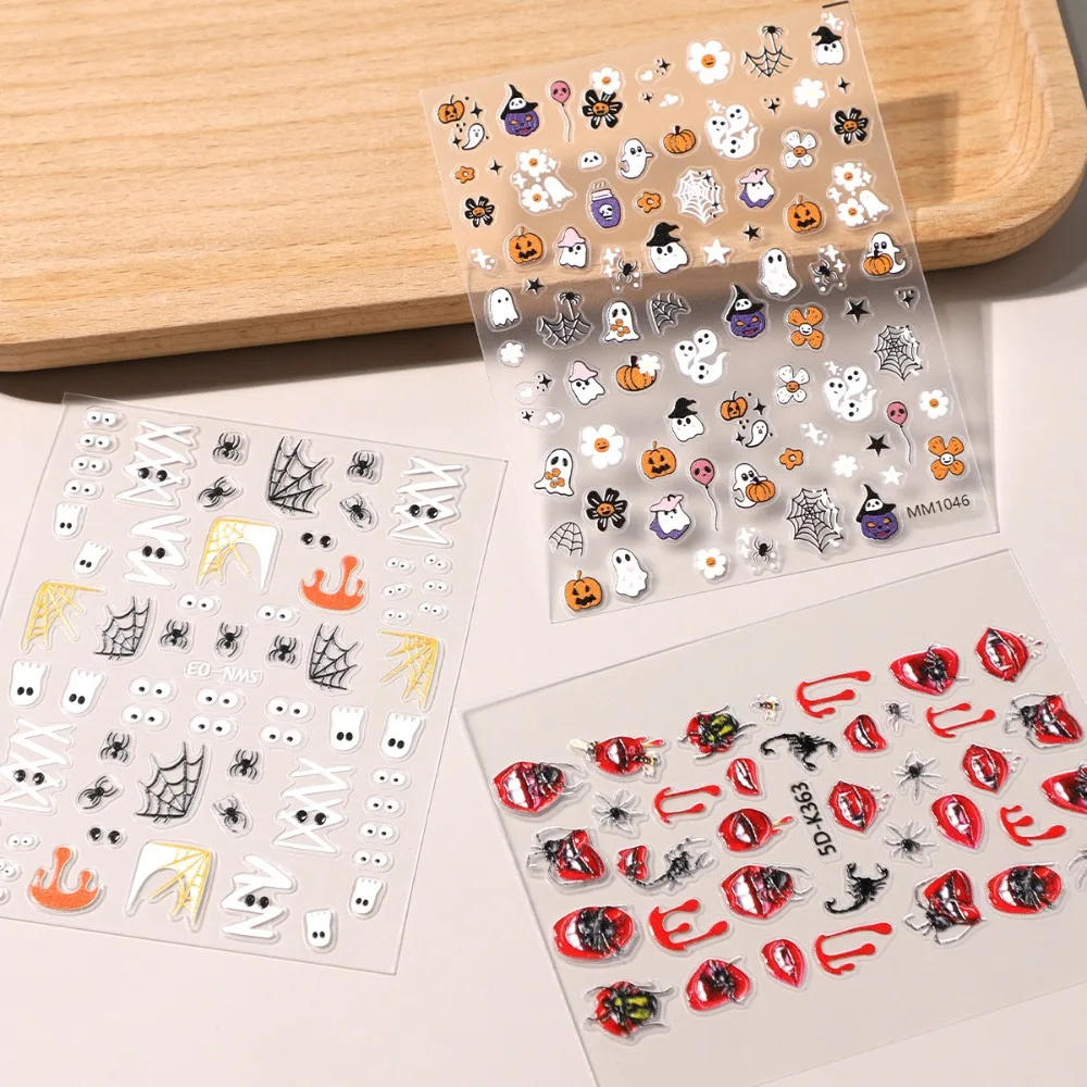 1Pc 5D Spider Web Halloween Nail Stickers, Ghost Pumpkin Embossed Decals, Self-Adhesive Nail Art Decorations