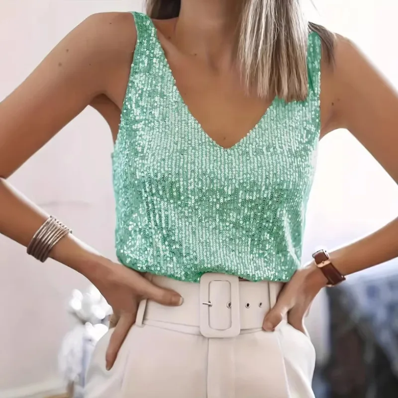 Women Sequin V Neck Tank Top Sleeveless Sparkly Camisole Slim Fit Party Vest Summer Casual Nightout Streetwear Top Y2k Clothes