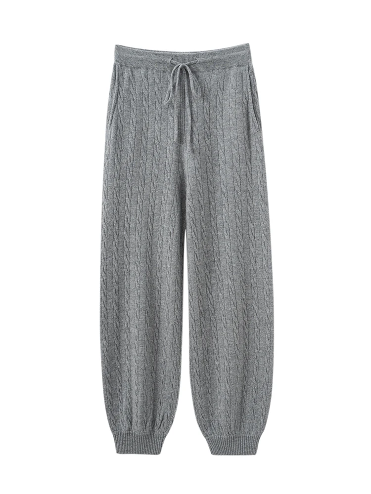 TLOML New Women's 100% Cashmere Knitted Cable Knit Bloomers Pants Autumn Winter Soft Warm Comfy Casual Trousers Cashmere Pants