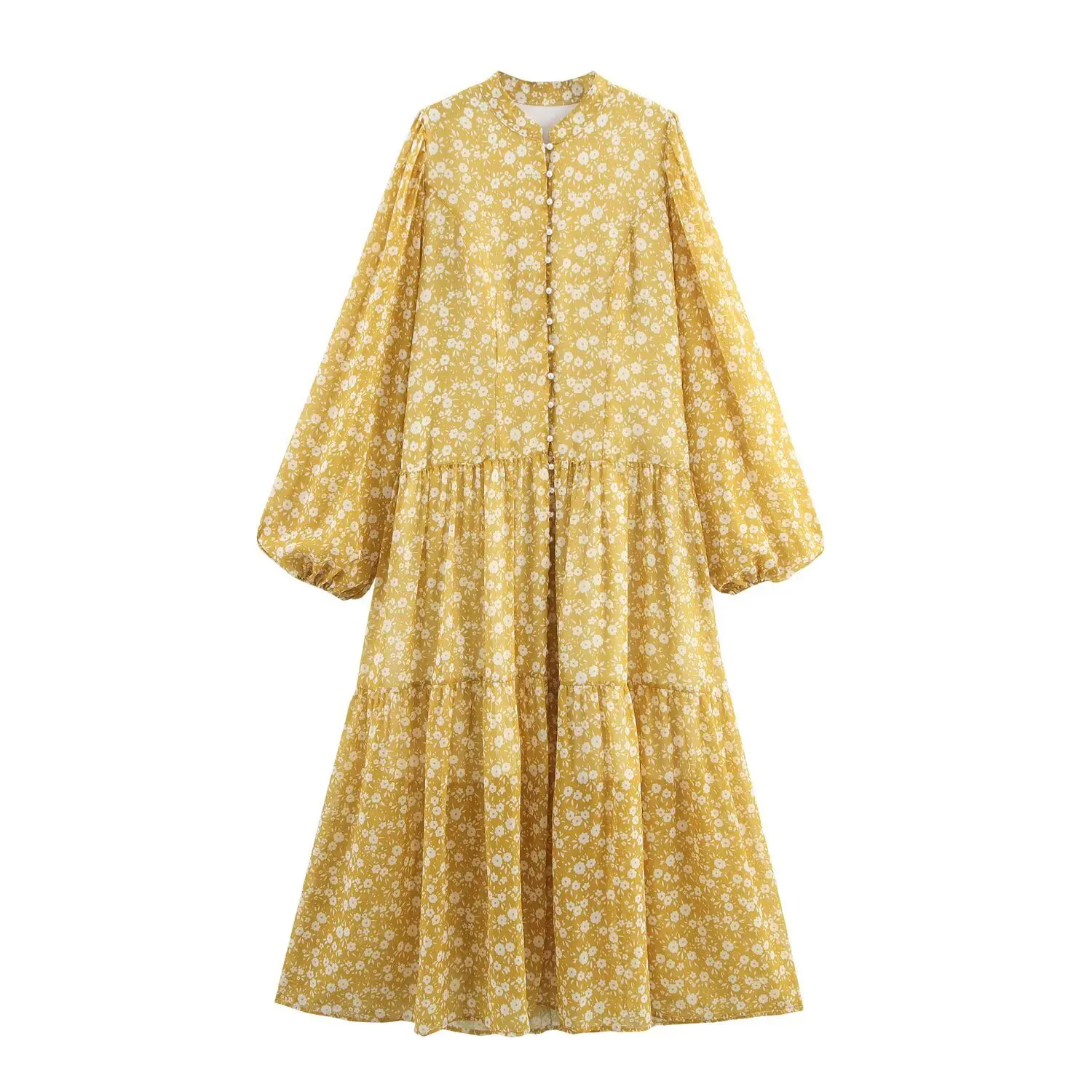 Autumn Modest Ramadan Maxi Dress For Woman Womens Full Sleeve Casual Long Dresses Layered Floral Printed Loose-Fit Dress