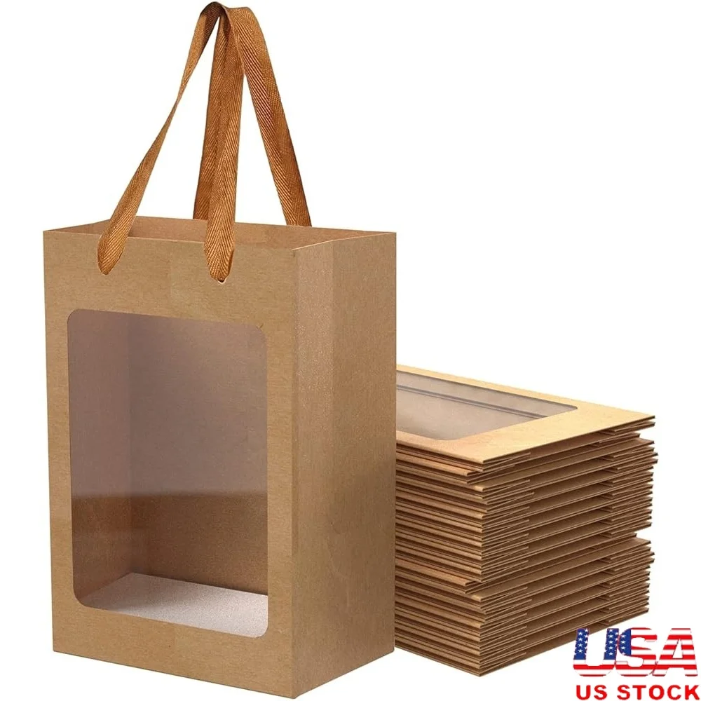 

12 Pcs Brown Kraft Gift Bags with Clear Window Sturdy Handles Perfect Birthday Wedding Christmas Party Floral Gifts