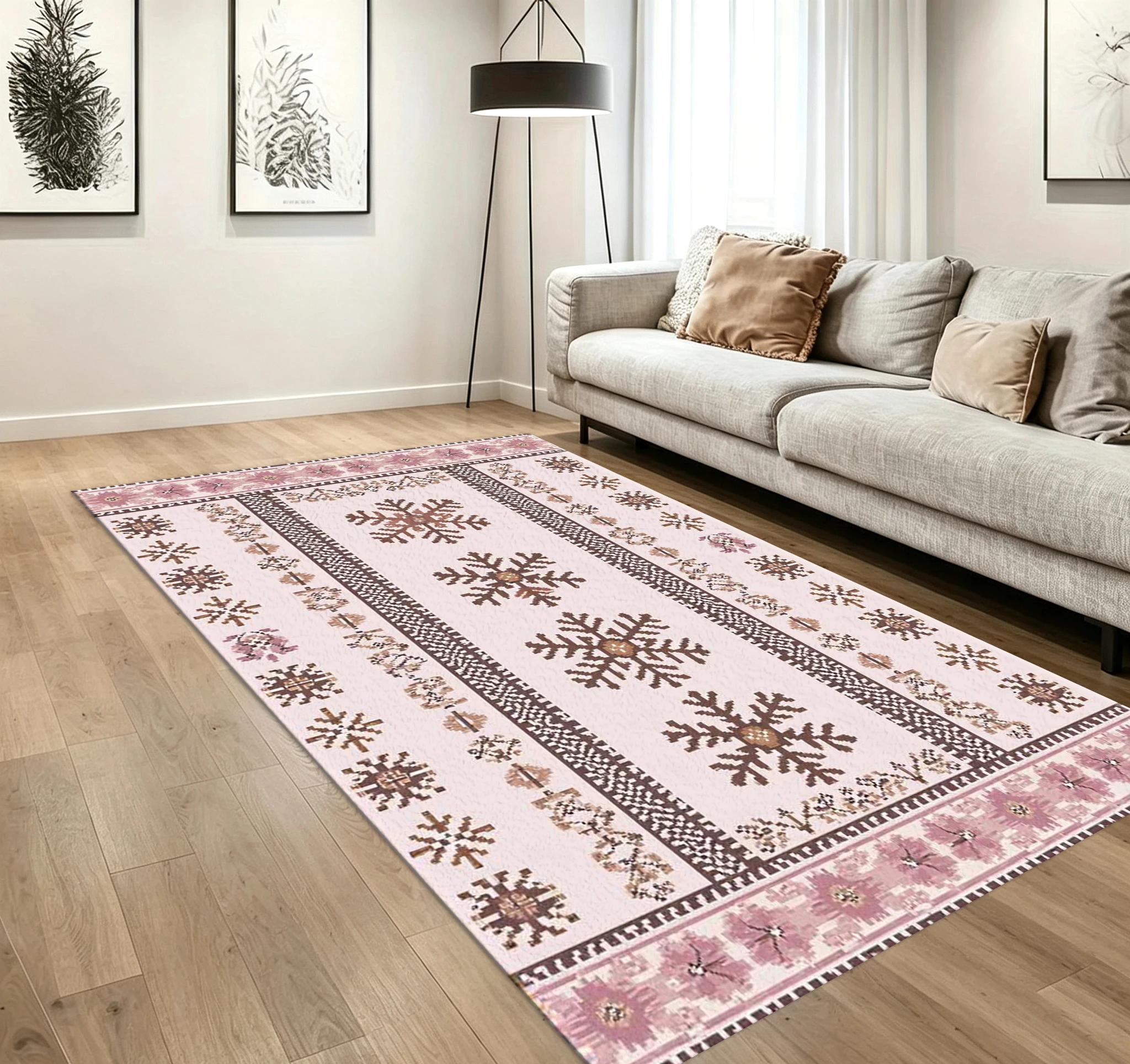 Boho Snowflake Ethnic Carpet Flooring Pink Brown Tribal Geometric Seamless Pattern Printed Area Rug for Living Room Household Home Decor