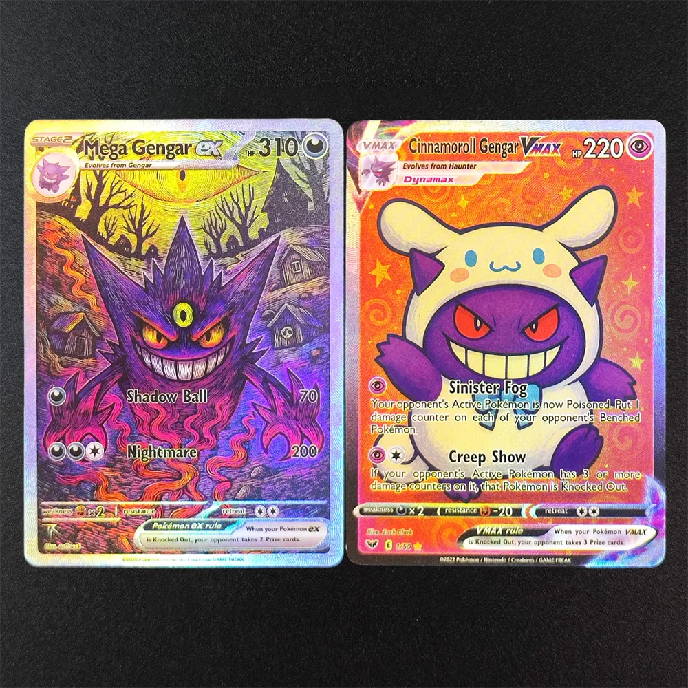 

2 шт. Коллекционные карты Pokemon EN 2025: MEGA Cinnamoroll, Gengar, Super Rare, классические аниме-карты, игрушки