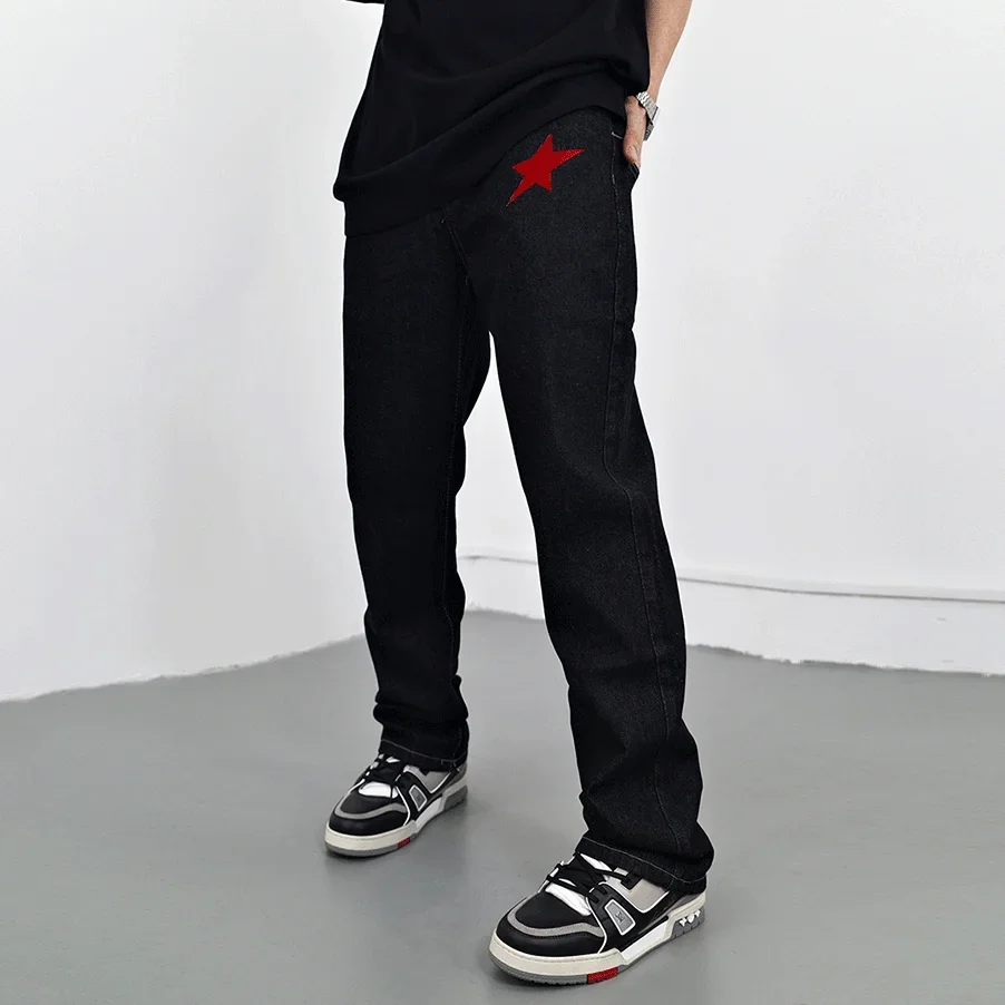 

Spring Retro Ripped Stars Letter Embroidery Black Casual Jeans Straight Pockets Washed Streetwear Mens Denim Trousers